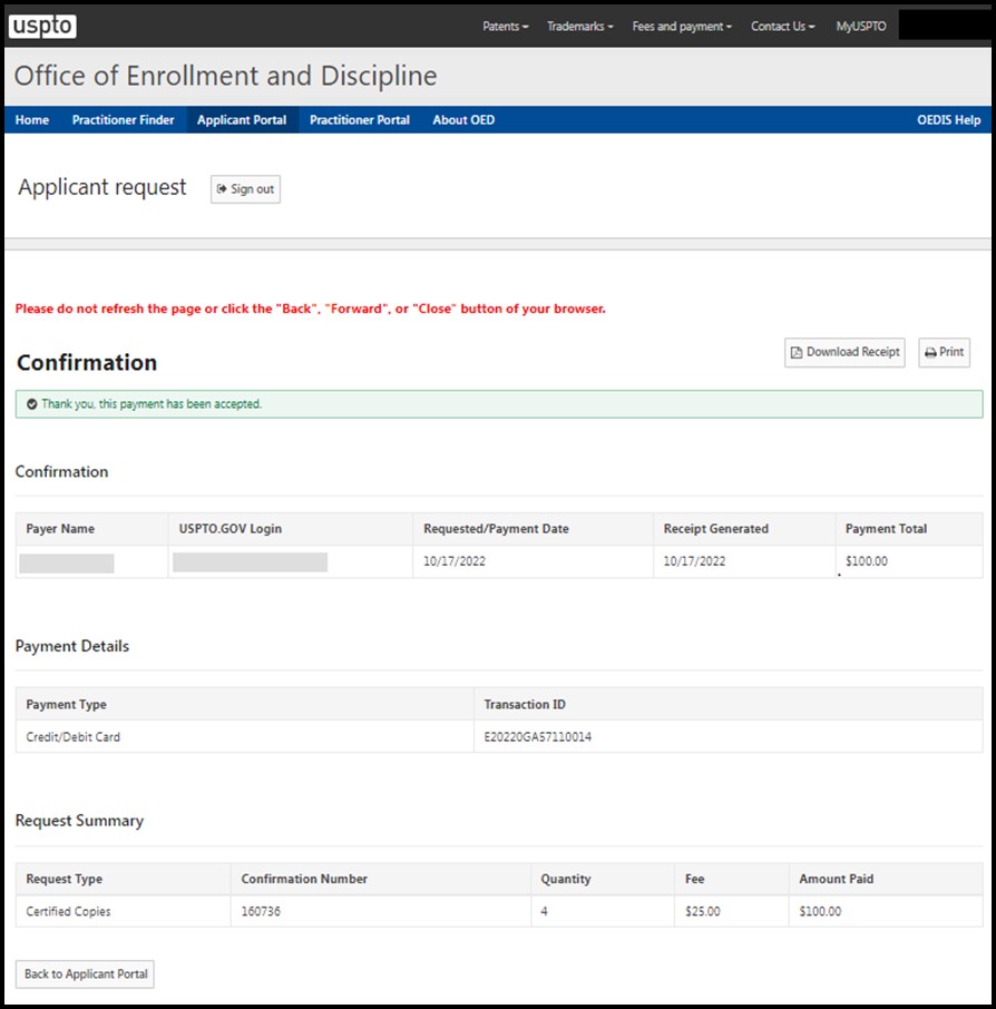 Applicant Request Payment Confirmation