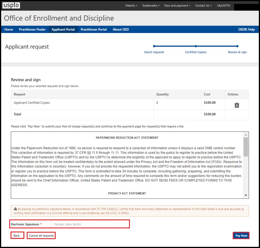 Applicant Request Signature