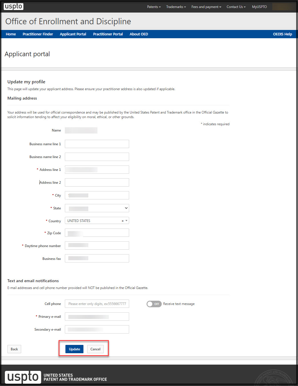 Applicant Update Profile Page