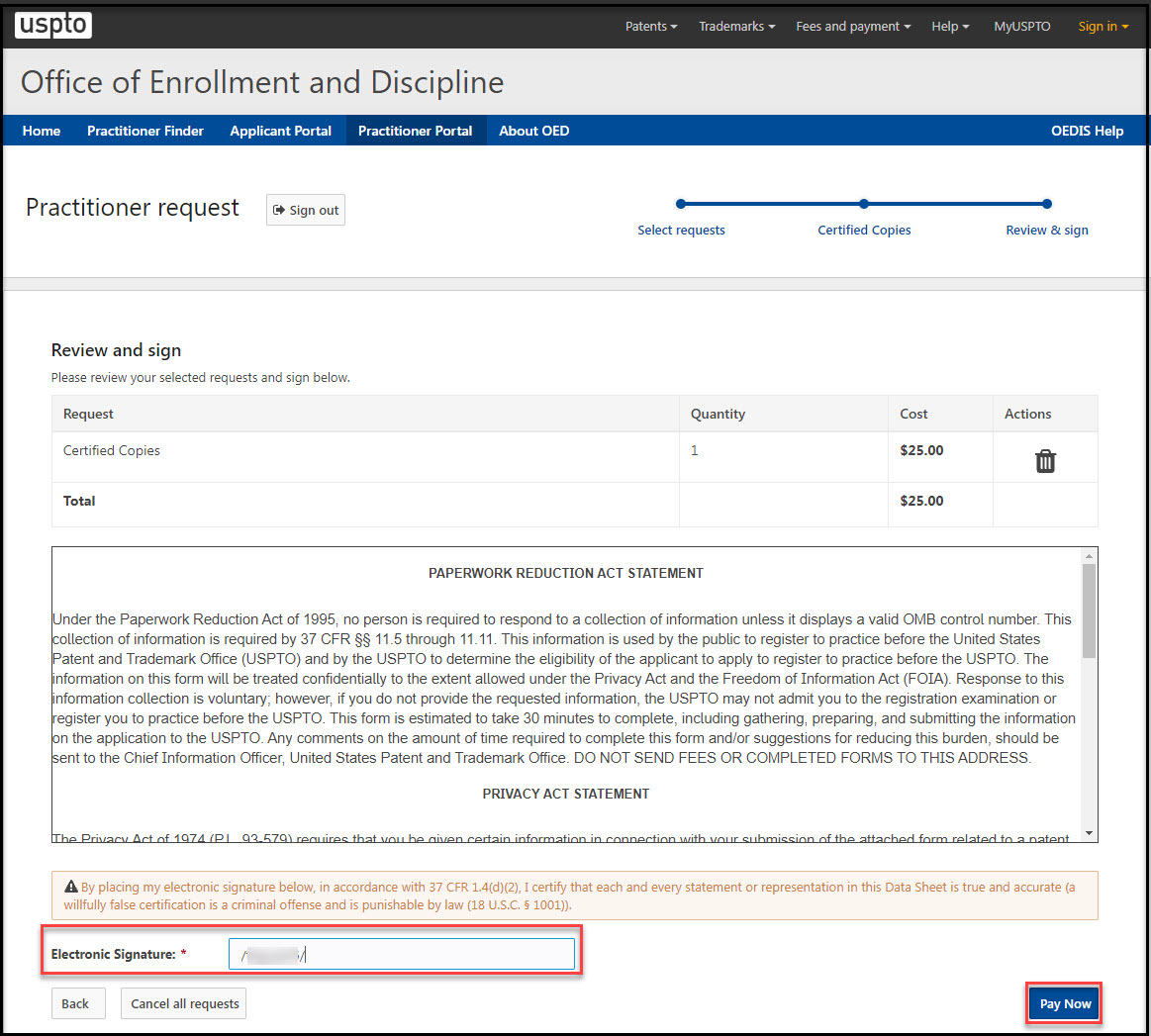 Practitioner Submit Request Signature